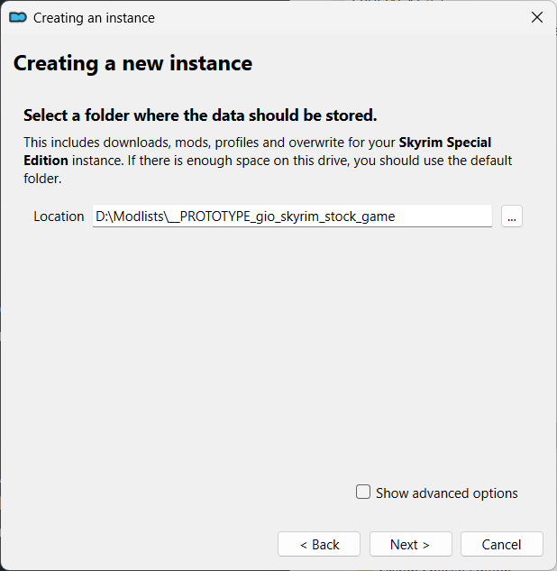 Select a folder where the data should be stored (default)